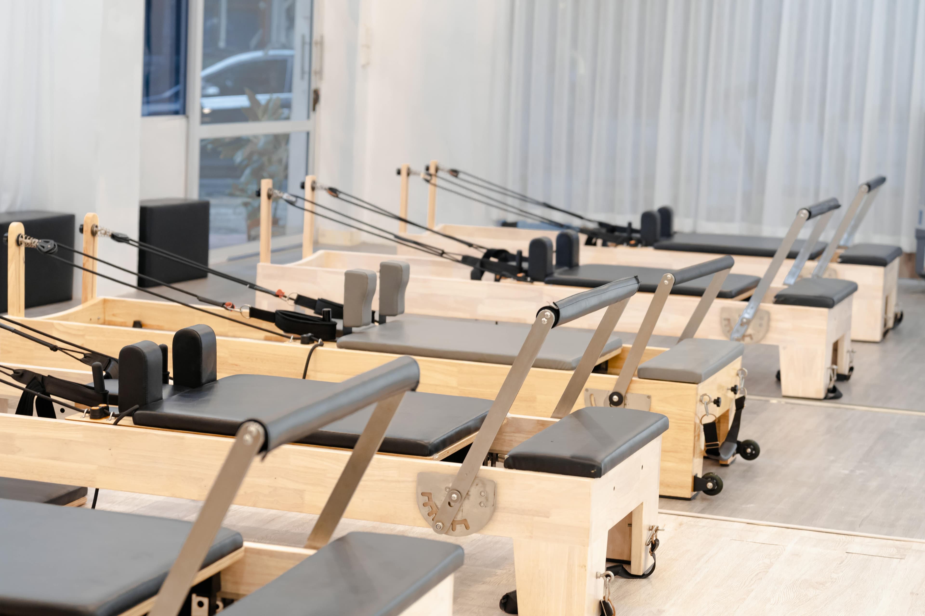 Reformer pilates machines in a studio